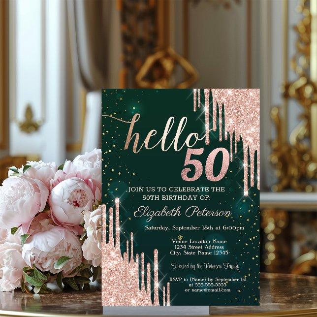 Modern Rose Gold Glitter Drips Green 50th Birthday Invitation (Creator Uploaded)