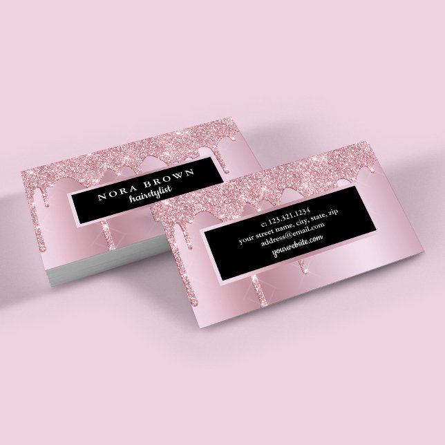 Modern rose gold glitter drips hairstylist business card (Creator Uploaded)