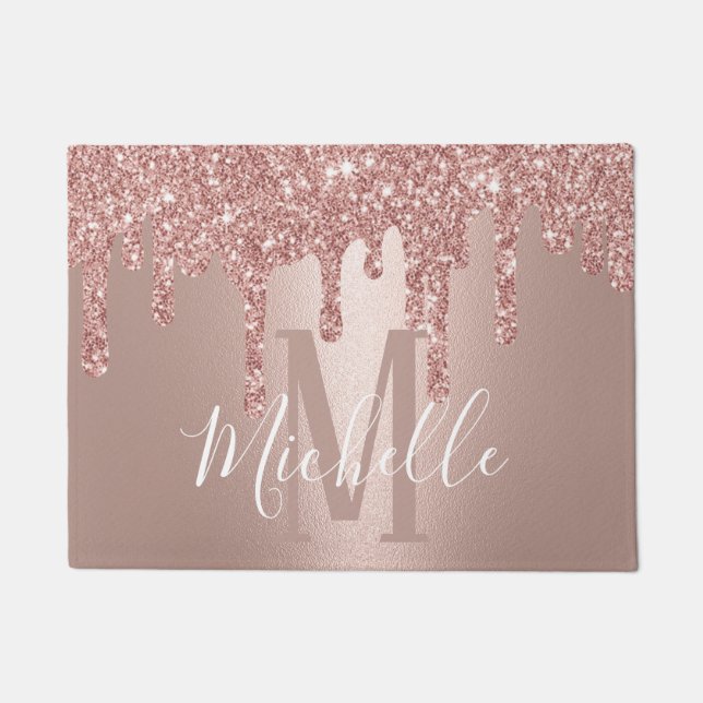 Modern Rose Gold Glitter Drips Monogram Name Doormat (Front)
