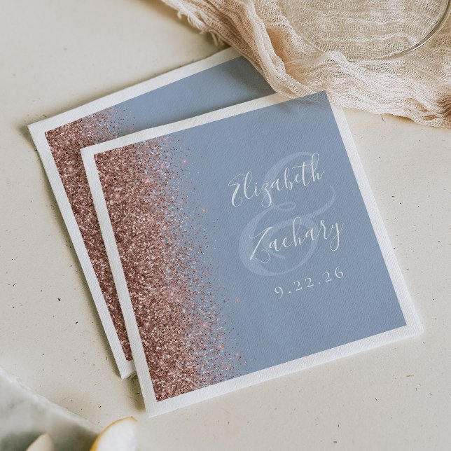 Modern Rose Gold Glitter Dusty Blue Wedding Napkin (Creator Uploaded)