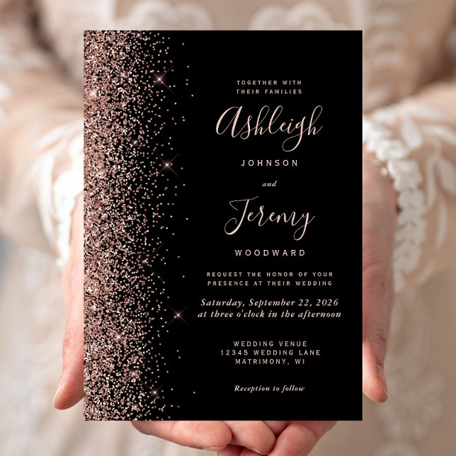 Modern Rose Gold Glitter Edge Black Wedding Invitation (Creator Uploaded)
