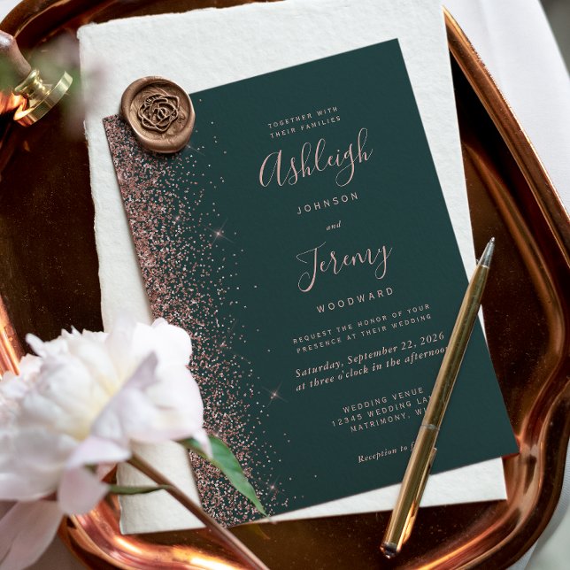 Modern Rose Gold Glitter Edge Dark Green Wedding Invitation (Creator Uploaded)