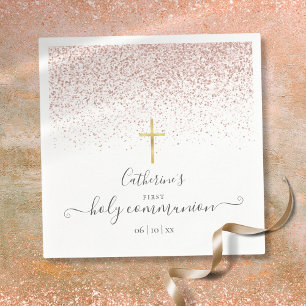 Modern Rose Gold Glitter First Holy Communion Napkin