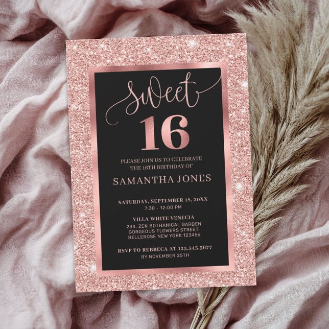 Modern rose gold glitter foil black sweet sixteen invitation (Modern rose gold glitter foil black sweet sixteen)