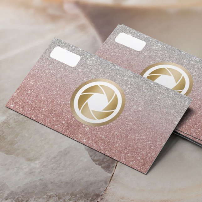 Modern Rose Gold Glitter Gold Camera Photography Business Card (Creator Uploaded)