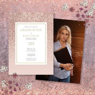 Modern Rose Gold Glitter Graduation Photo Invitation