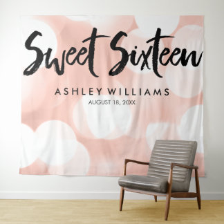 Modern Rose Gold Glitter Lights Sweet 16 Backdrop Tapestry