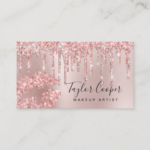 Modern rose gold glitter lips makeup artist business card