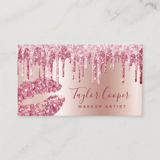 Modern rose gold glitter lips makeup artist  business card (Front)