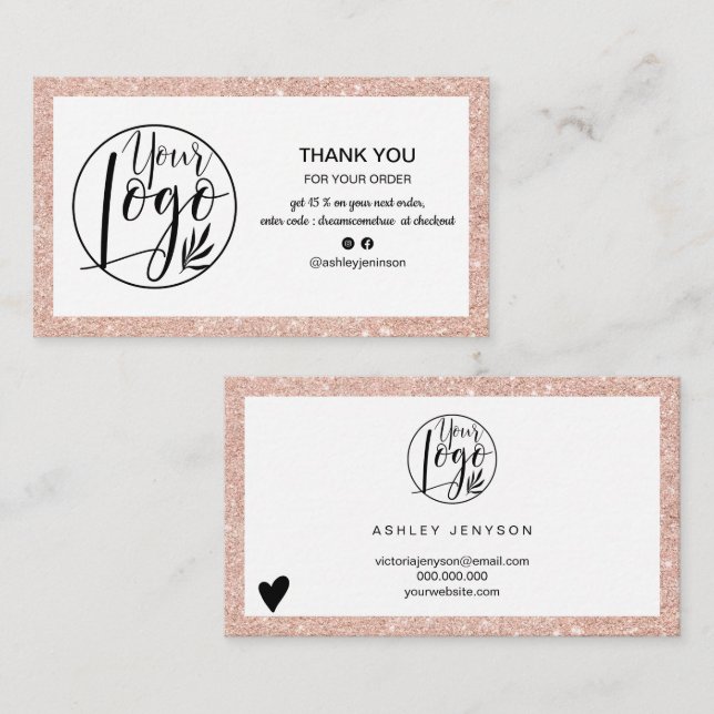 Modern rose gold glitter logo order thank you business card (Front/Back)