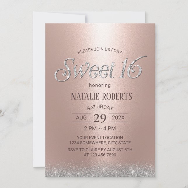 Modern Rose Gold Glitter Luxury Sweet 16 Birthday Invitation (Front)