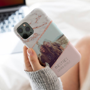 Modern rose gold glitter marble blush names photo iPhone 15 pro case
