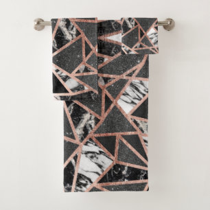 Modern Rose Gold Glitter Marble Geometric Triangle Bath Towel Set
