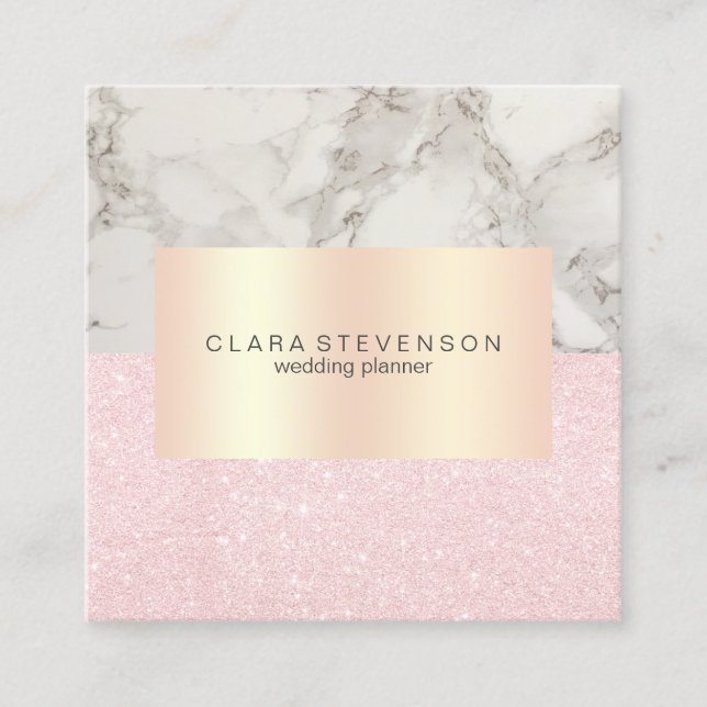 Modern rose gold glitter & marble wedding planner square business card (Front)
