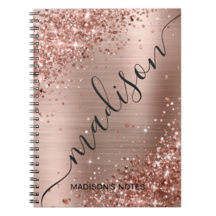 Modern Rose Gold Glitter Metallic Monogram Script Notebook
