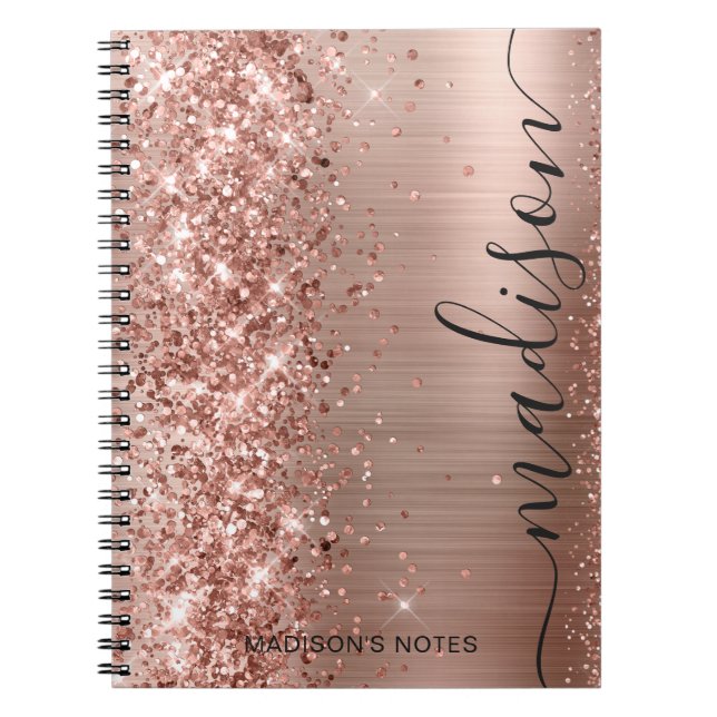 Modern Rose Gold Glitter Metallic Monogram Script  Notebook (Front)
