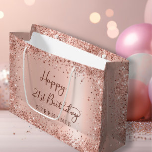 Modern Rose Gold Glitter Monogram 21st Birthday Large Gift Bag