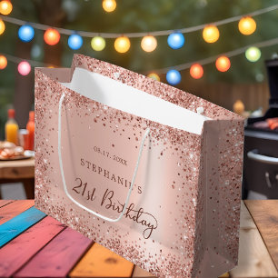 Modern Rose Gold Glitter Monogram 21st Birthday Large Gift Bag
