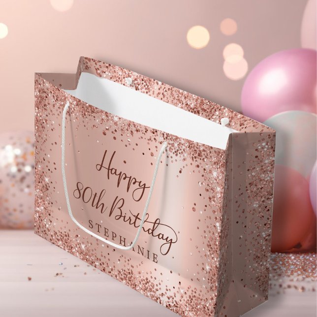 Modern Rose Gold Glitter Monogram 80th Birthday Large Gift Bag (Creator Uploaded)