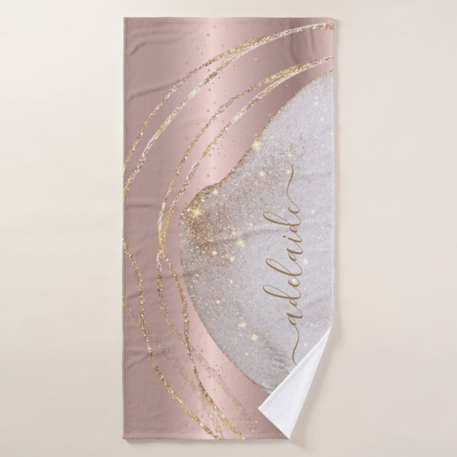Modern Rose Gold Glitter Monogram Chic Script Name Bath Towel (Bath Towel)