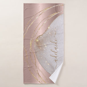 Modern Rose Gold Glitter Monogram Chic Script Name Bath Towel Set