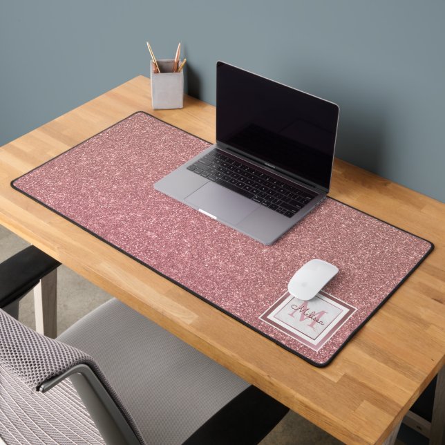 Modern Rose Gold Glitter Monogram Desk Mat (Office 2)