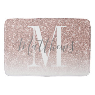 Modern Rose Gold Glitter Monogram Family Name Bath Mat