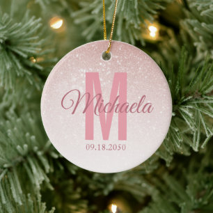 Modern Rose Gold Glitter Monogram Initial Girly Ceramic Ornament