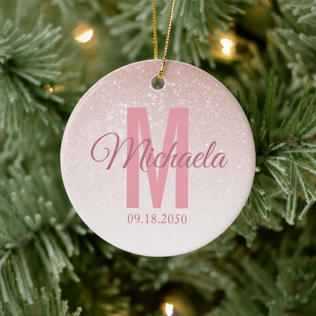 Modern Rose Gold Glitter Monogram Initial Girly Ceramic Ornament (Tree)
