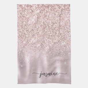 Modern Rose Gold Glitter Monogram Name Script Kitc Tea Towel