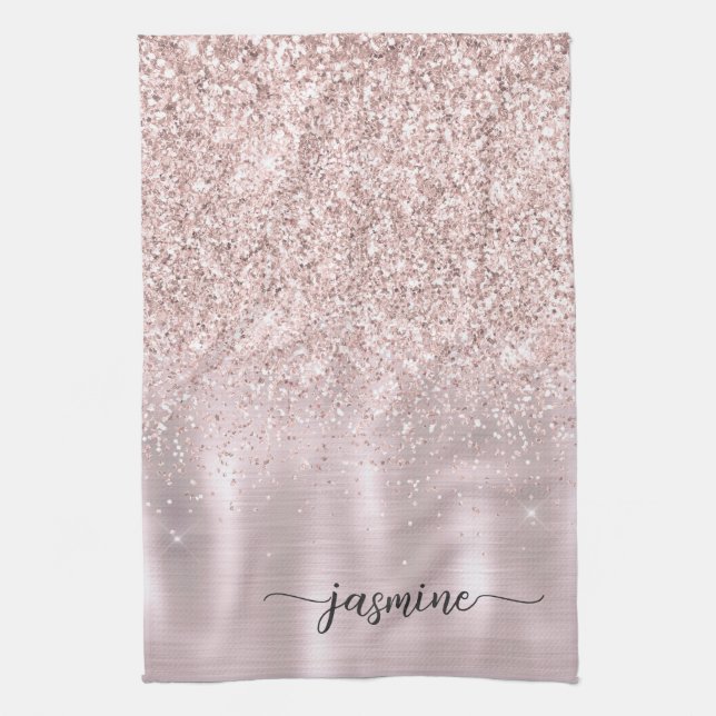 Modern Rose Gold Glitter Monogram Name Script Kitc Tea Towel (Vertical)