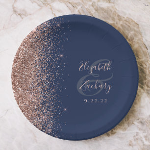 Modern Rose Gold Glitter Navy Blue Wedding Paper Plate