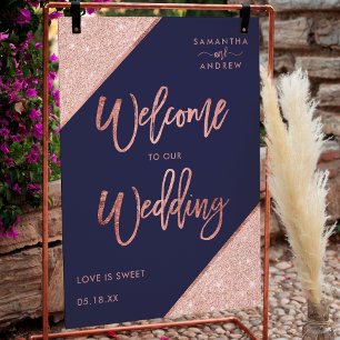 Modern rose gold glitter navy blue welcome wedding poster