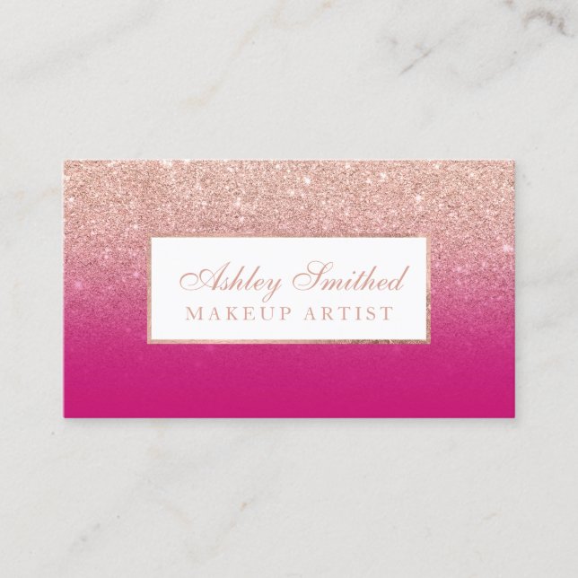 Modern rose gold glitter neon pink ombre makeup business card (Front)