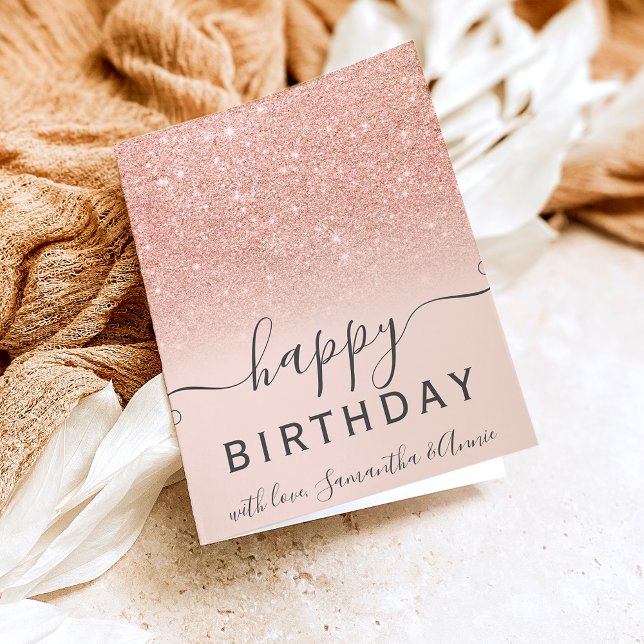 Modern rose gold glitter ombre 2 photo birthday card (Creator Uploaded)