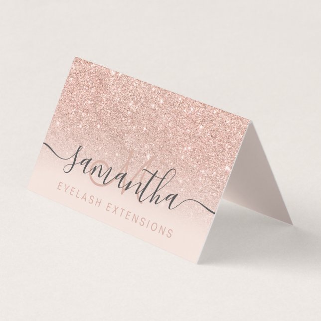 Modern rose gold glitter ombre blush eye aftercare business card (Front)