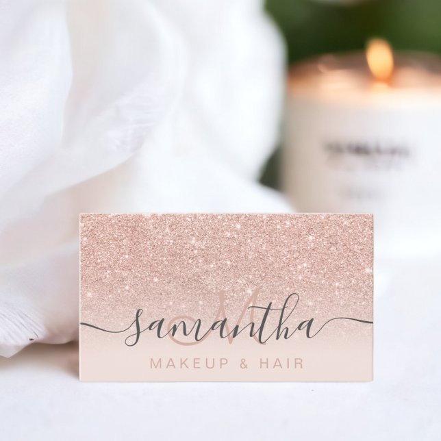 Modern rose gold glitter ombre blush makeup hair 2 business card (Abstract colorful watercolor drops pattern business card)