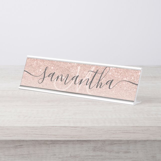 Modern rose gold glitter ombre blush monogram desk name plate (Front)