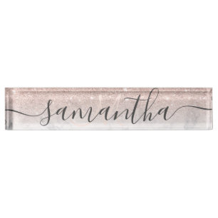Modern rose gold glitter ombre marble monogram nameplate