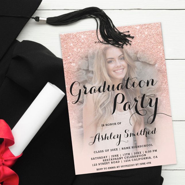 Modern rose gold glitter ombre photo graduation invitation (Creator Uploaded)
