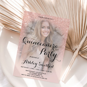 Modern rose gold glitter ombre photo Quinceañera Invitation