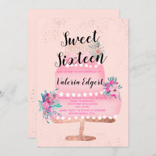 Modern rose gold glitter pink floral cake Sweet 16 Invitation