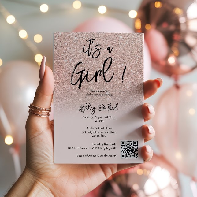 Modern Rose Gold Glitter Pink Ombre Girl Baby Show Invitation (Modern Rose Gold Glitter Pink Ombre Girl Baby Show Invitation)