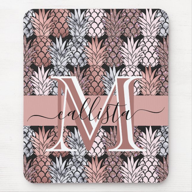 Modern Rose Gold Glitter Pink Pineapples Monogram Mouse Pad (Front)