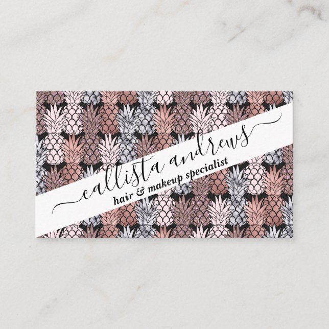 Modern Rose Gold Glitter Pink Pineapples Pattern Business Card (Front)