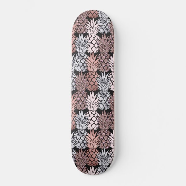 Modern Rose Gold Glitter Pink Pineapples Pattern Skateboard (Front)