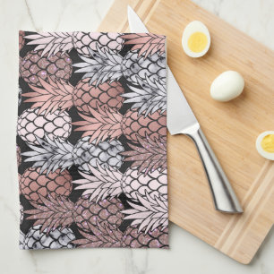 Modern Rose Gold Glitter Pink Pineapples Pattern Tea Towel