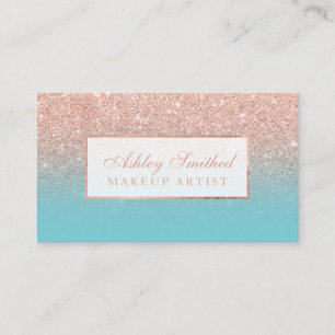 Modern rose gold glitter robbin egg blue makeup business card
