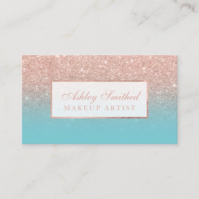 Modern rose gold glitter robbin egg blue makeup business card (Front)