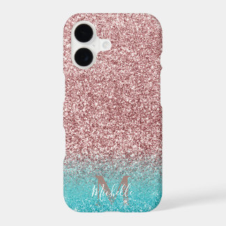 Modern Rose Gold Glitter & Teal Ombre Monogram